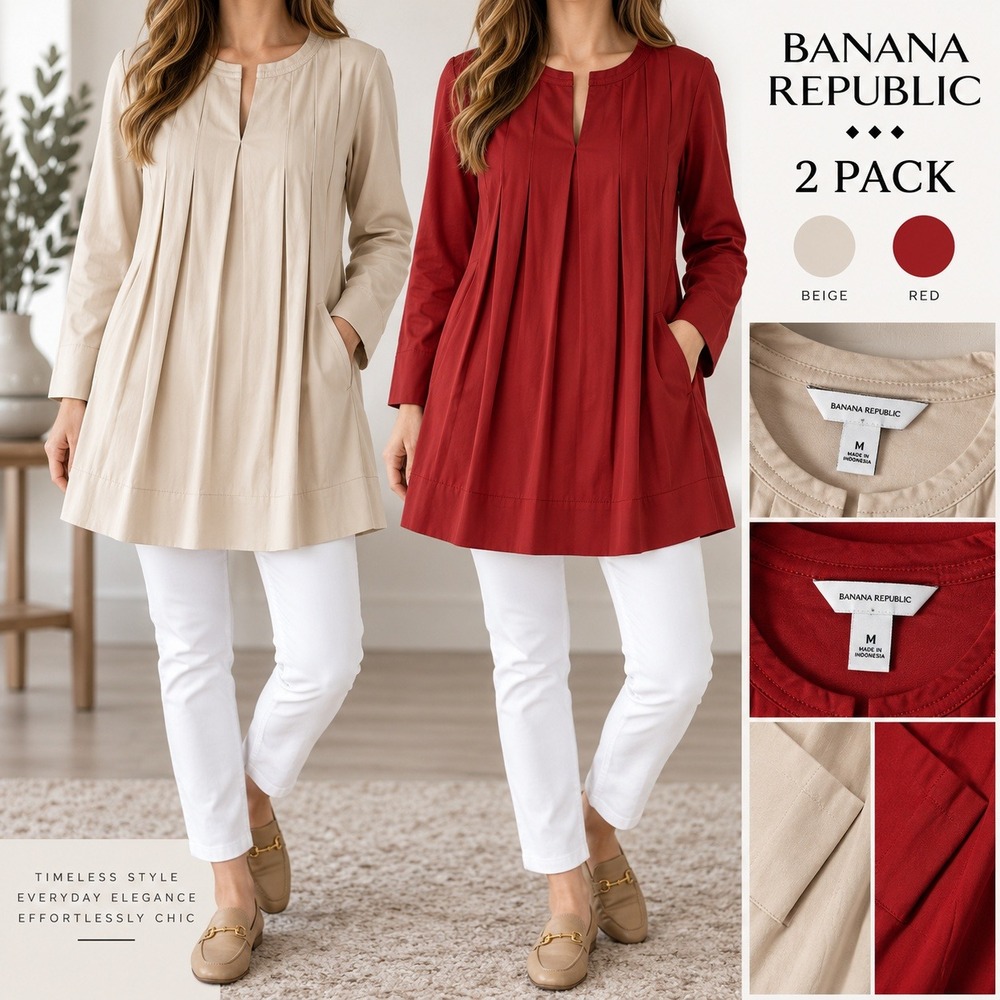 2 Pack Banana Republic 813475-00-1 Womens M L/S Pintuck Pleated Shift Dress/top